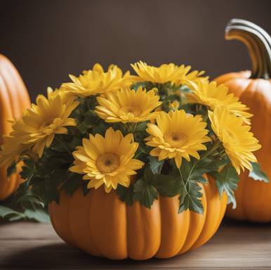 yellow flowers in an orange pumpkin