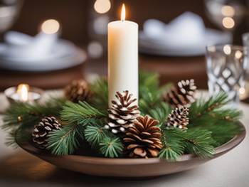 evergreen and pine cone centerpiece with white candle