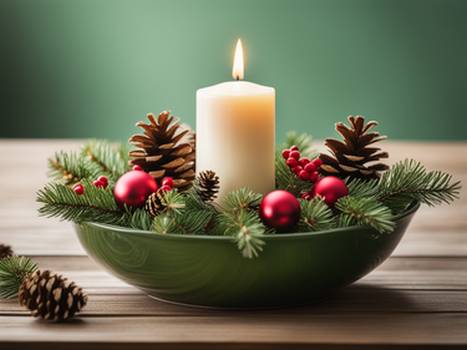 green bowl with white candle, pine, spruce, red berries and ornaments