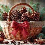 basket of scented pine cones with red ribbon accent