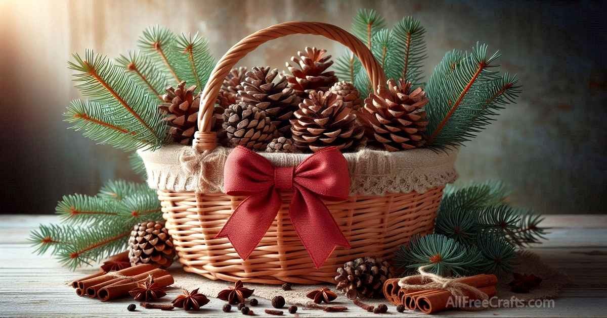 basket of scented pine cones with red ribbon accent