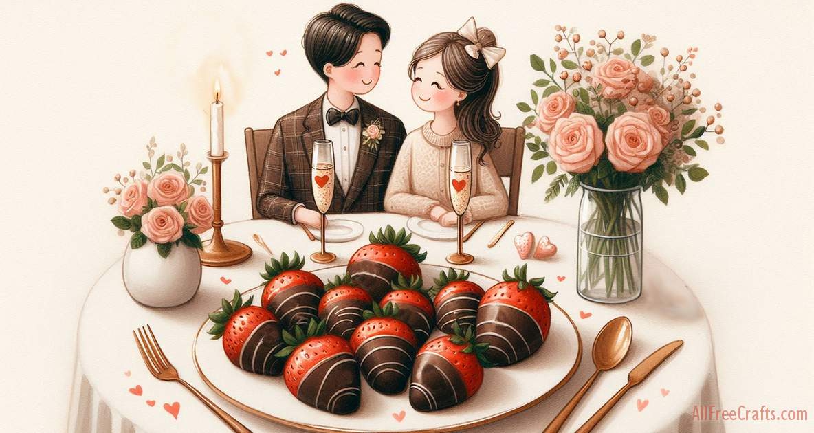 chocolate covered strawberries on a romantic table set for Valentine's day