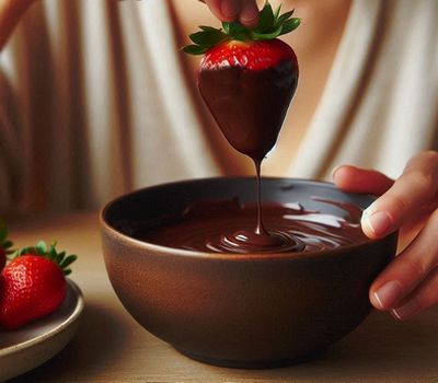 dipping a strawberry in melted chocolate