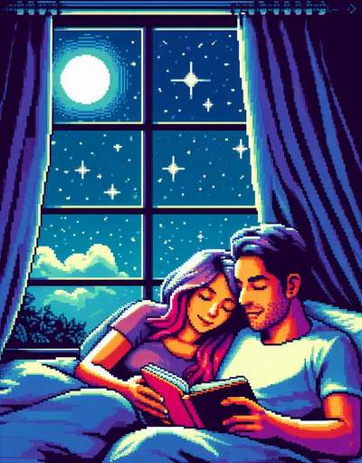 couple reading in bed together with starlight in the window