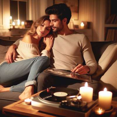 unplugged: couple cuddling on sofa listening to a record player 