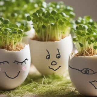 egg shells used to grow cress with faces painted on them