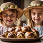 two girls wearing Easter bonnets looking at a plate of hot cross buns