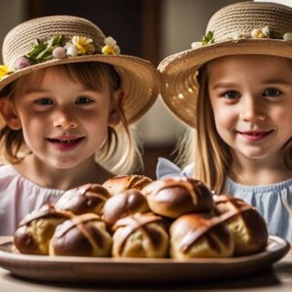 two girls wearing Easter bonnets looking at a plate of hot cross buns