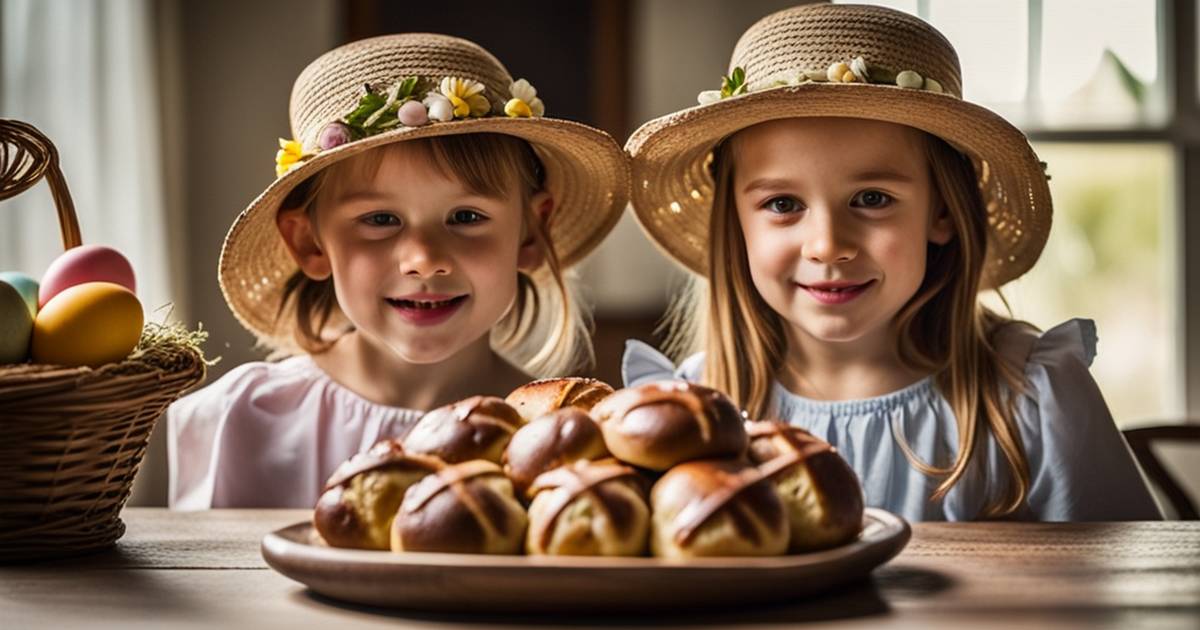 two girls wearing Easter bonnets looking at a plate of hot cross buns