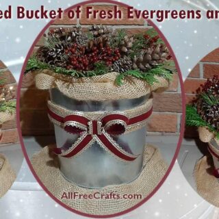 galvanized bucket filled with fresh evergreens and pine cones