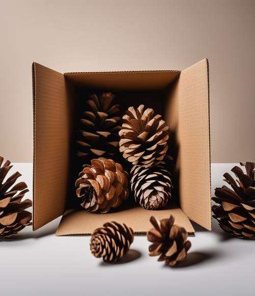 cardboard box, on its side, holding large pine cones